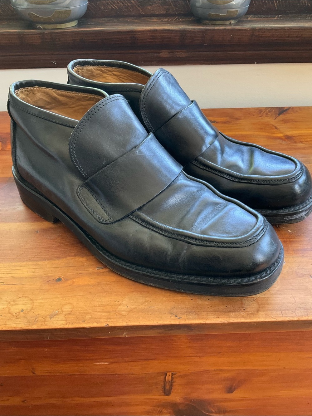 Men's Black Leather Moc Toe Ankle Boots, Sz 45
